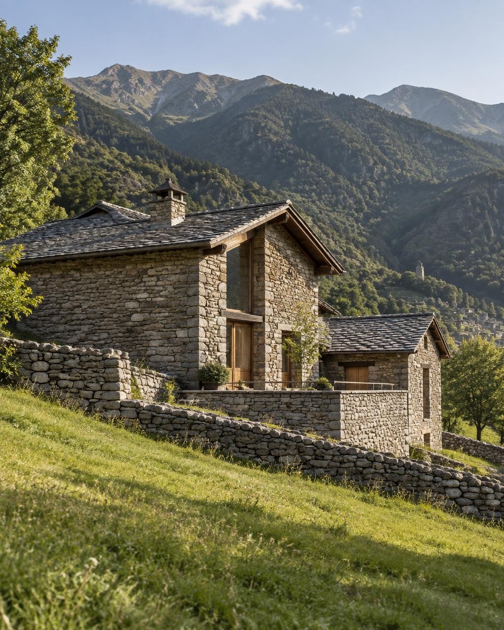 Menjador d'una borda restaurada amb bigues de fusta i mur de pedra — imatge 2 de 4